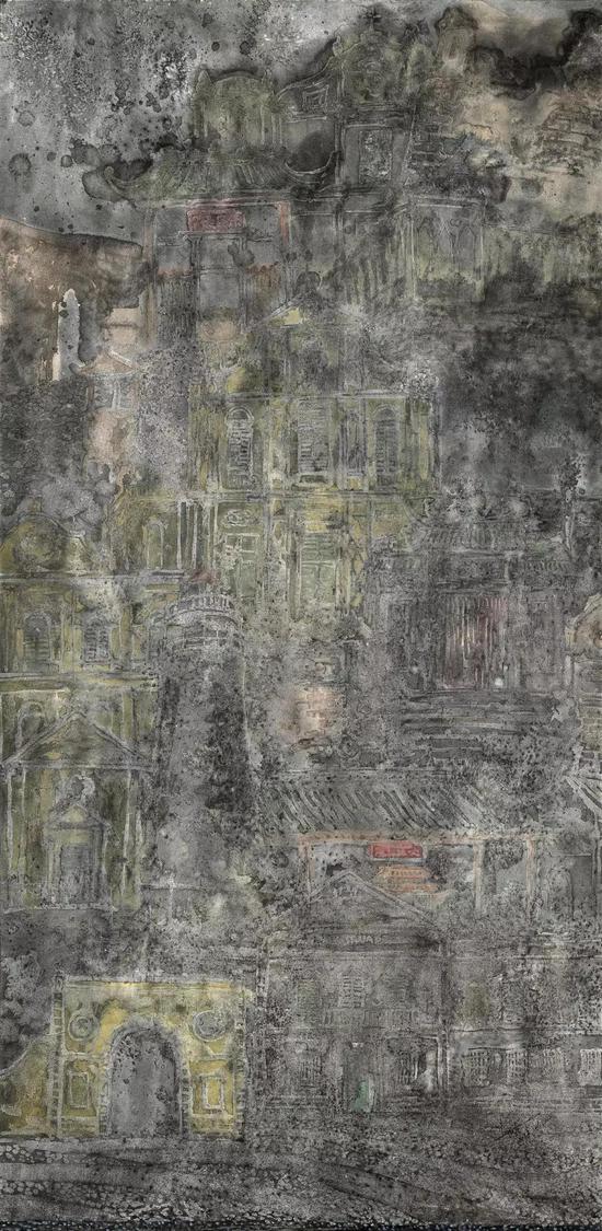 高婉芳 中国澳门 世遗夜思 中国画 140cm×70cm