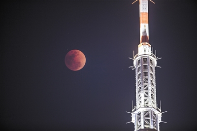 昨晚9时39分，月亮从广州塔顶一侧经过。陈忧子 摄