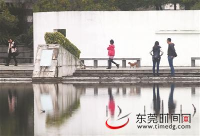 昨天,市中心广场,市民在湖边悠闲散步(记者 陈帆 摄)