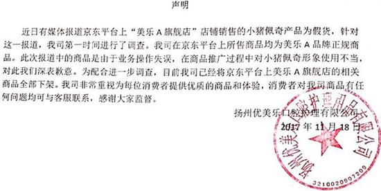 涉案公司在声明称,其销售的商品是由于“业务操作失误”,在商品推广过程中,“对小猪佩奇形象使用不当”。 京东方面 供图
