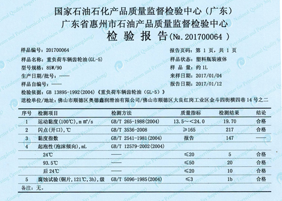 (奥尼斯润滑油部分型号产品及检验报告相关参数显示)