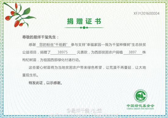 易烊千玺粉丝种树强 46天完成62.8%捐赠目标