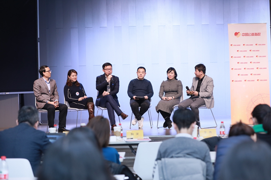 从左至右依次为:善达网执行主编马广志、国际公益学院公益传播中心总监江涛、基金会中心网总裁陶泽、央视新闻新媒体新闻部主编李伟、北京大学互联网发展研究中心主任田丽、新浪微公益副总监余哲