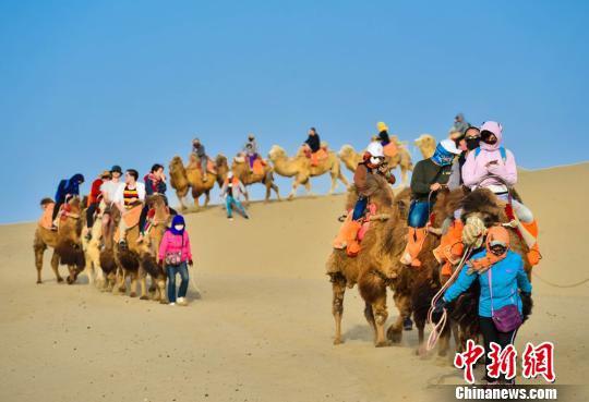 图为大批游客骑骆驼体验敦煌大漠风光。 王斌银 /摄