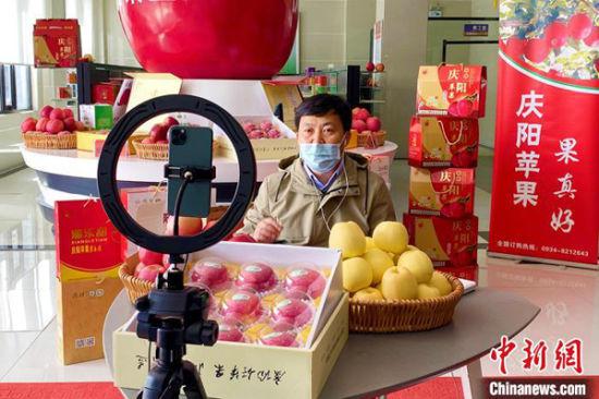 3月3日下午,甘肃省庆阳市副市长董涛在淘宝直播间向网上的“吃货”们推介庆阳苹果。 李天顶 摄