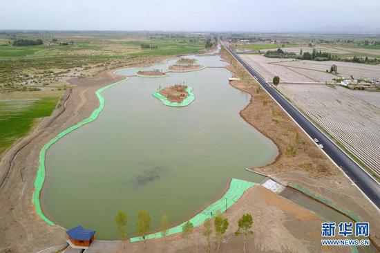 这是6月10日拍摄的临泽县临平路乡村振兴带水系连通建设现场(无人机照片)。新华社记者 范培珅 摄
