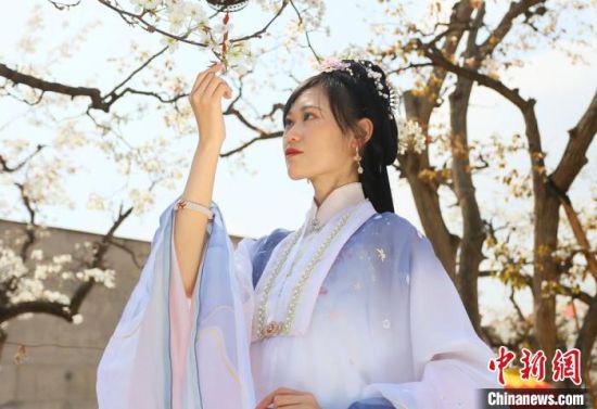 图为兰州青年身穿汉服在百年梨园赏景。 高展 摄