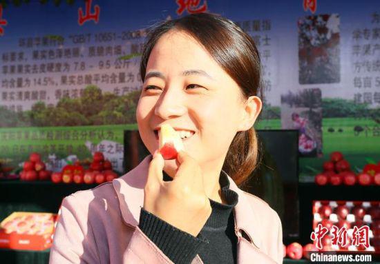 10月17日,第四届中国苹果产业大会在甘肃庆阳举行。图为民众品尝庆阳苹果。 高展 摄