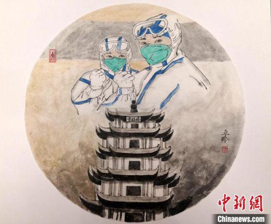 近期以来,甘肃敦煌通过形式多样的文艺作品讲述战“疫”故事,图为主题书画作品。 敦煌市委宣传部供图