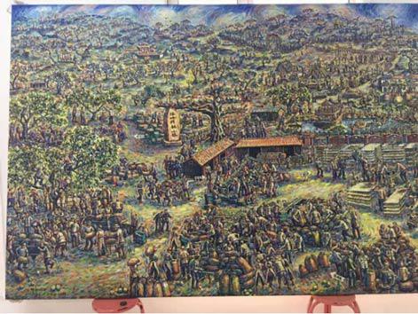 题目:《绿岭核桃大丰收》尺寸:600cm×200cm 年代:2016年至2018年绘制完成(这是三幅局部)画种:油画