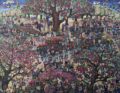 题目:《苹果大丰收》尺寸:100cm×78cm 年代:2020年绘 画种:农民画彩色笔