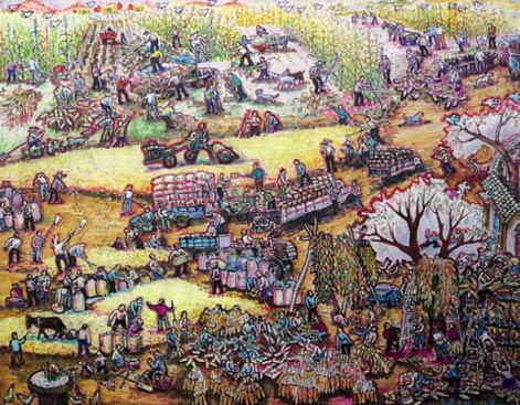 题目:《玉米大丰收》尺寸:100cm×78cm 年代:2020年绘 画种:农民画彩色笔