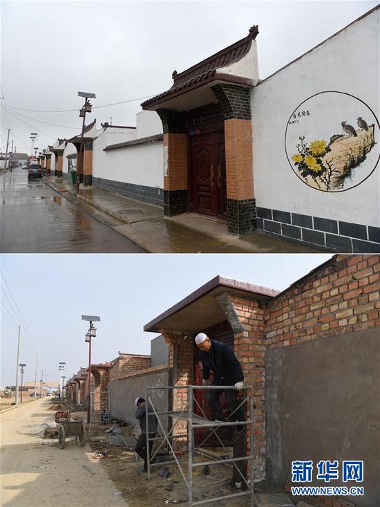 拼版照片:上图为4月21日在甘肃东乡族自治县龙泉镇拍摄的已入住的拱北湾村易地搬迁安置点;下图为2019年3月5日拍摄的建设中的拱北湾村易地搬迁安置点。新华社记者 范培珅 摄