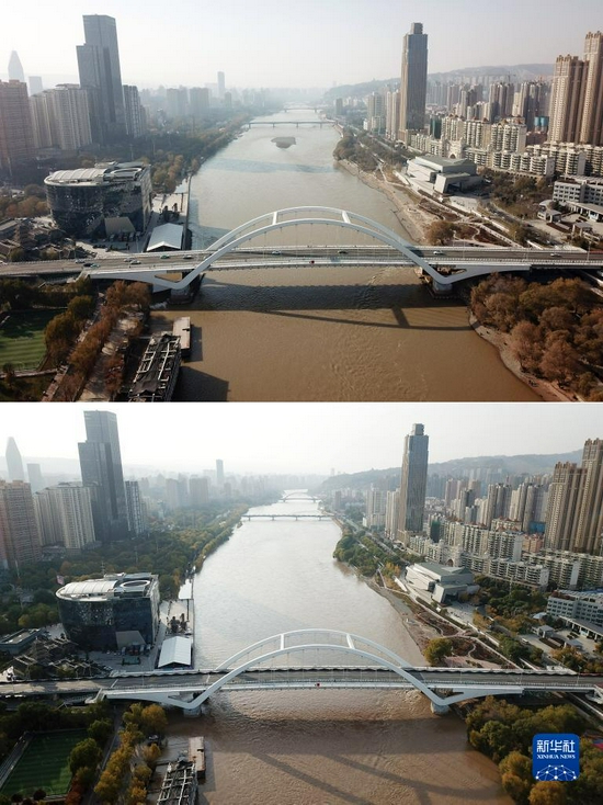 拼版照片:上图为车辆在兰州金雁黄河大桥行驶(11月22日摄,无人机照片);下图为11月2日拍摄的兰州金雁黄河大桥(无人机照片)。