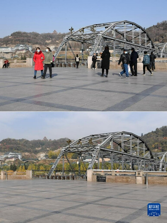 拼版照片:上图为兰州市民在中山桥小广场行走(11月22日摄);下图为11月4日拍摄的中山桥小广场。