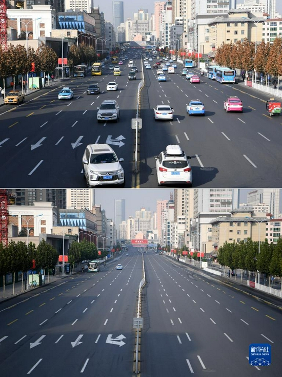 拼版照片:上图为车辆在兰州市七里河区西津东路行驶(11月22日摄);下图为11月4日拍摄的兰州市七里河区西津东路。