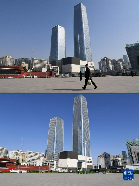 拼版照片:上图为市民在兰州市城关区东方红广场行走(11月22日摄);下图为11月11日拍摄的兰州市城关区东方红广场。