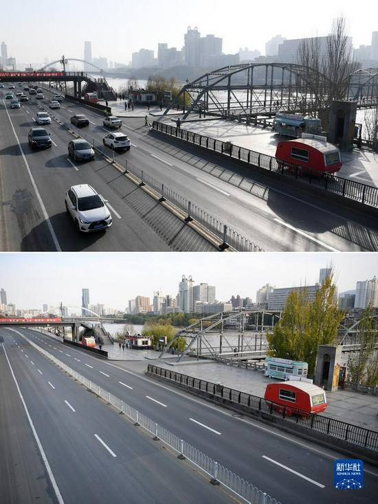 拼版照片:上图为车辆在兰州市城关区北滨河中路行驶(11月22日摄);下图为11月2日拍摄的兰州市城关区北滨河中路。