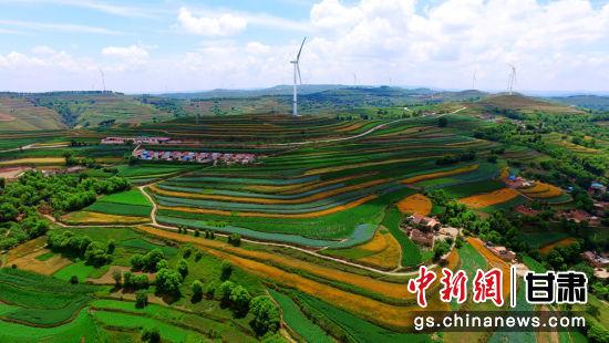 2019年盛夏时节,甘肃定西市安定区石泉乡山梁上一座座风力发电机机组在起伏的梯田中。(资料图)王金生 摄