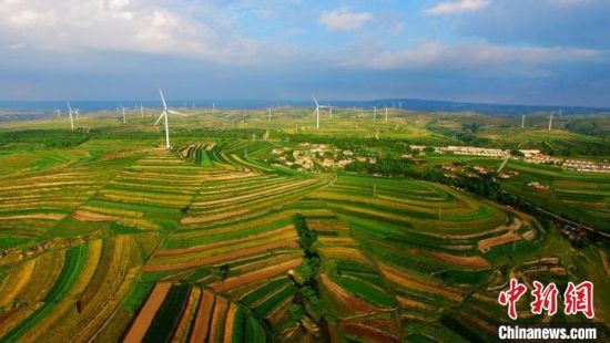 图为在甘肃定西市,远处的风力发电机组和近处的梯田自成一景。(资料图) 王金生 摄