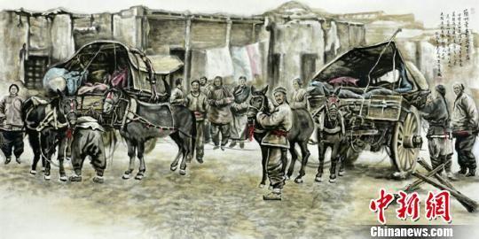 图为王鸿庆所创作的“老兰州”民俗国画《甘草店》。 郝赢 摄