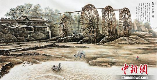 图为王鸿庆所创作的“老兰州”系列国画《兰州水车园》,此画是以翻拍百年前照片为依据。 郝赢 摄
