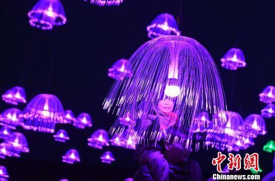 孩童被灯光秀吸引。 杨艳敏 摄