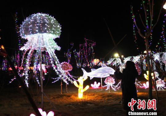 2018年2月1日晚,甘肃永靖迎新春大型彩灯节在黄河之畔开幕。 徐雪 摄