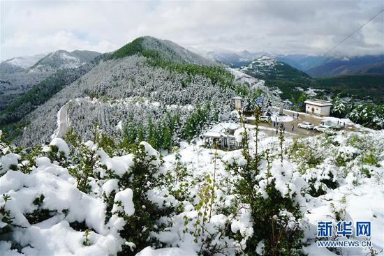5月9日,人们在宕昌县毛羽山欣赏雪景。