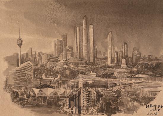 喻涛 沿黄九市·西安 纸本水墨 35cm×25cm 2020年