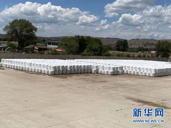 在定西市安定区香泉镇,打包的青贮饲草堆满货场。新华社记者 王朋 摄