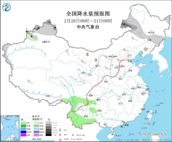 图1 全国降水量预报图(2月20日08时-21日08时)