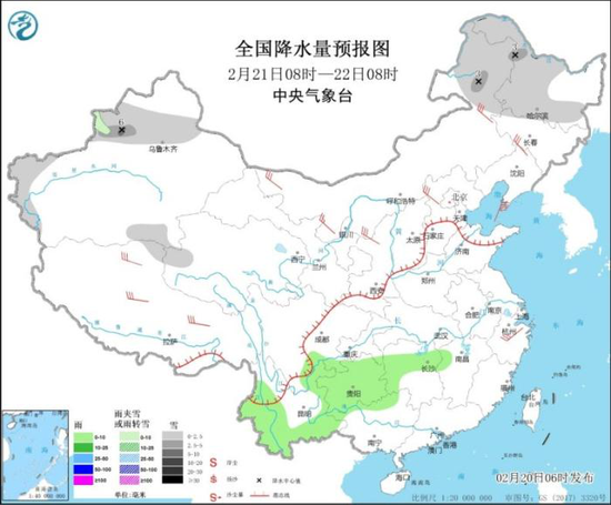 图2 全国降水量预报图(2月21日08时-22日08时)