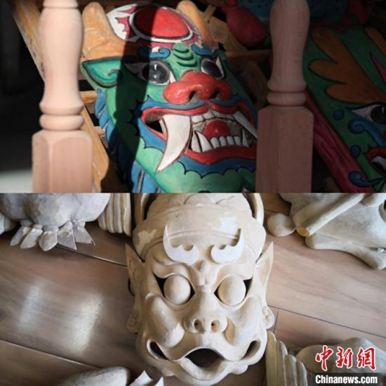 傩面具是傩文化中傩祭、傩仪时使用的道具,又被称为“刀尖上的古老表情”。图为未上色和已上色的傩面具对比。 闫姣 摄