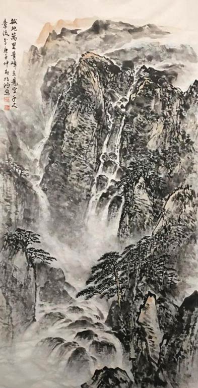 《拔地万里青嶂立 悬空千丈素流分》220cm×110cm 2020年