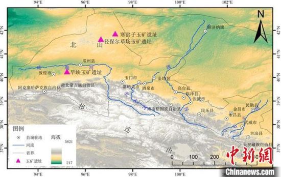 图为甘肃河西走廊已确定3处玉矿遗址分布示意图。(资料图)甘肃省文物考古研究所供图