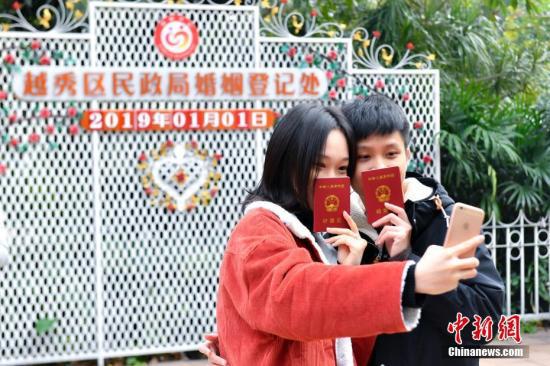 资料图:一对新人领取结婚证后合影。中新社记者 陈骥旻 摄
