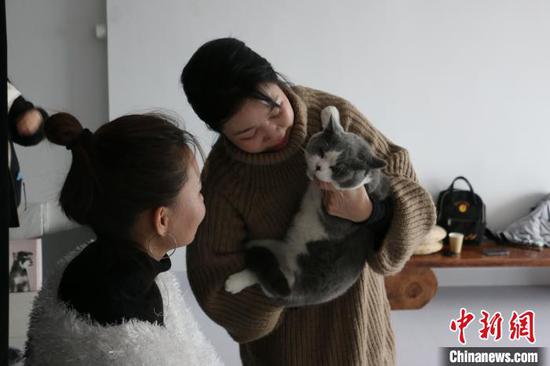 拍摄时,宠物摄影师不断安抚猫咪情绪,使其配合拍摄。 林馨 摄