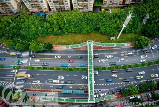 凤凰岭路塞纳维拉花园小区人行天桥在完成通行前安全检查后正式开放交通。 记者 潘浩 摄