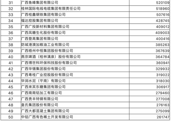  2021广西制造业企业50强名单