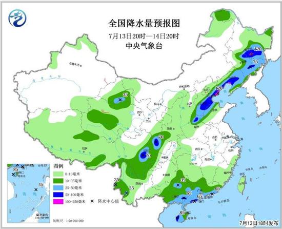 图3 全国降水量预报图(7月13日20时-14日20时)