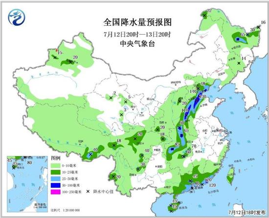 图2 全国降水量预报图(7月12日20时-13日20时)