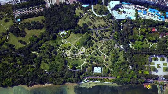 ↑这是南宁市南湖公园内供市民休憩、晨练的场所(5月22日无人机拍摄)。