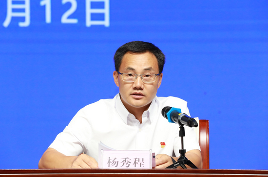 平果市委常委、组织部部长杨秀程主持新闻发布会。