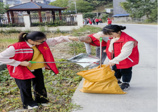 图3：4月4日，凤山县卫健局干部在久隆村开展乡村清洁卫生
