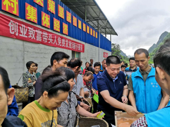 图为免费发放蚕苗现场