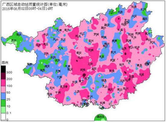 附图28月2日08时~4日14时广西降雨量分布图