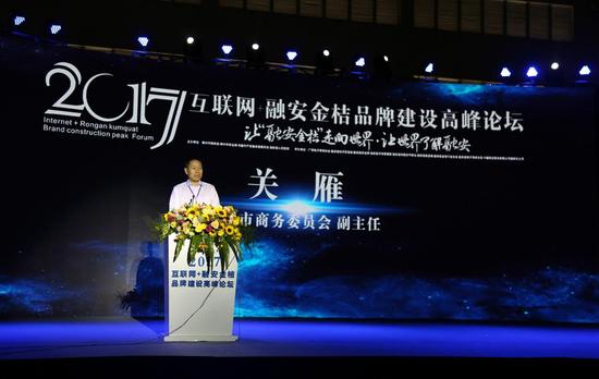 在2017年互联网+“融安金桔”品牌建设高峰论坛上,柳州市商务委副主任关雁致辞。