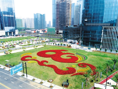 五象新区凯旋路一广场,由上万盆鲜花组成的庆祝自治区60华诞的景观气势恢宏 本报记者 赖有光 摄