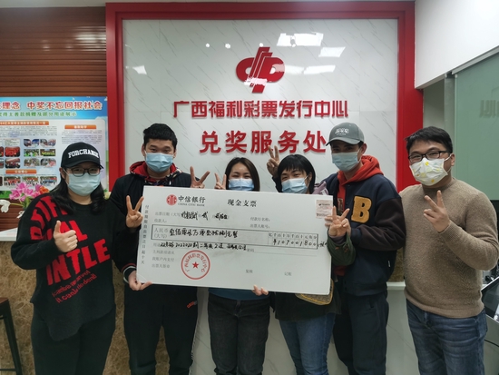 图为合买团代表手持奖金支票与中奖彩票合影